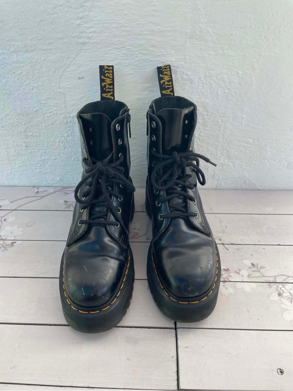 Dr. Martens Black Leather Lace-Up Platform Boots with Yellow Stitching